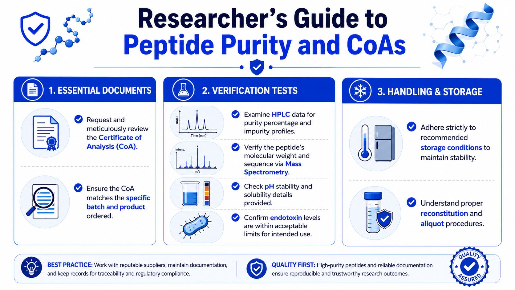 A professional infographic titled Researcher's Guide to Peptide Purity and CoAs outlining document, testing, and storage steps.