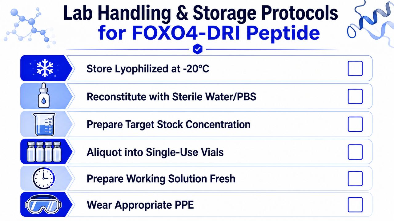 A checklist infographic outlining lab handling and storage protocols for the FOXO4-DRI peptide in laboratory settings.