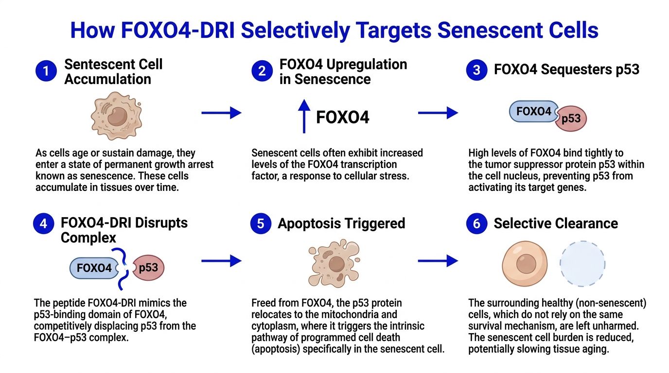 A diagram illustrating how the FOXO4-DRI peptide selectively triggers apoptosis in senescent cells by displacing p53.