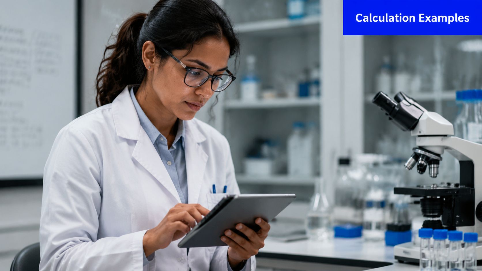 A scientist in a white lab coat uses a digital tablet in a professional laboratory setting.