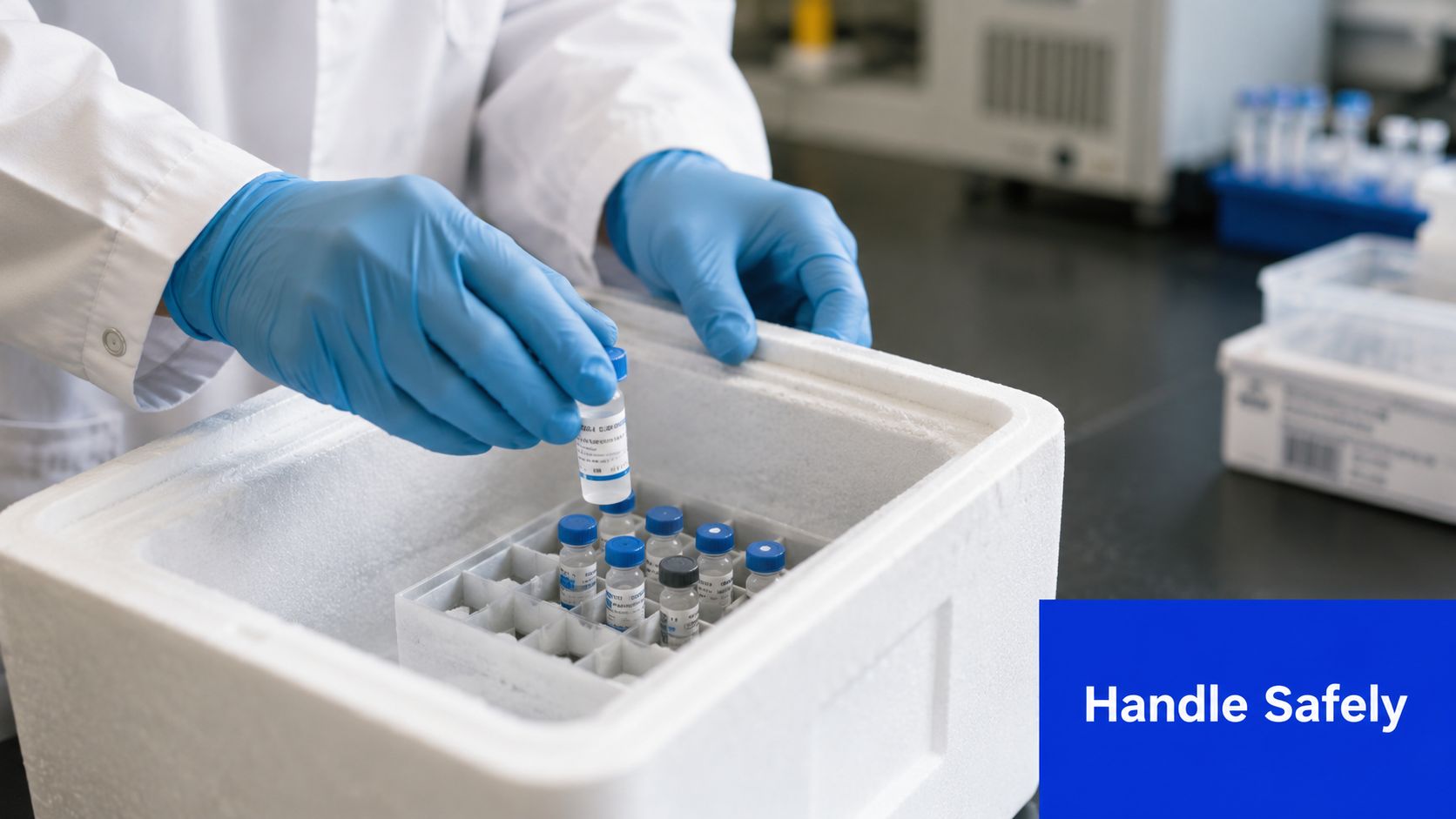 A laboratory scientist wearing blue gloves carefully handling a small medical vial from a foam storage box.