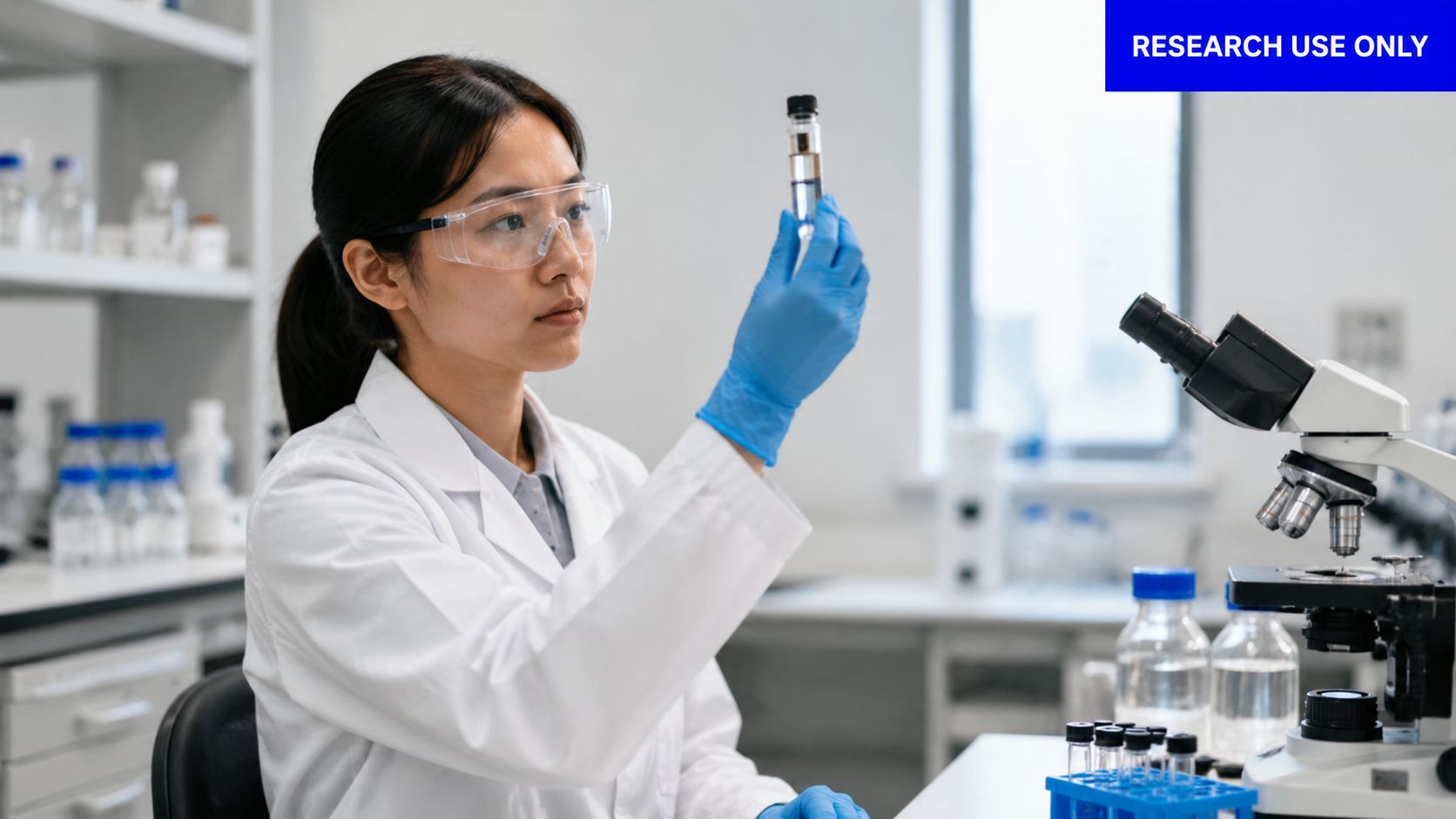 A female scientist in a lab coat and safety goggles examining a vial of liquid solution.