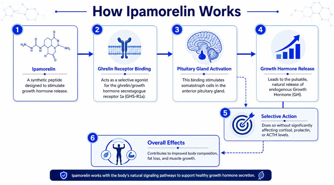 An infographic diagram explaining the mechanism of action of the synthetic peptide Ipamorelin on growth hormone release.