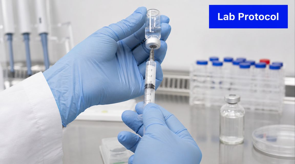 A scientist in a laboratory environment drawing clear liquid into a medical syringe from a glass vial.