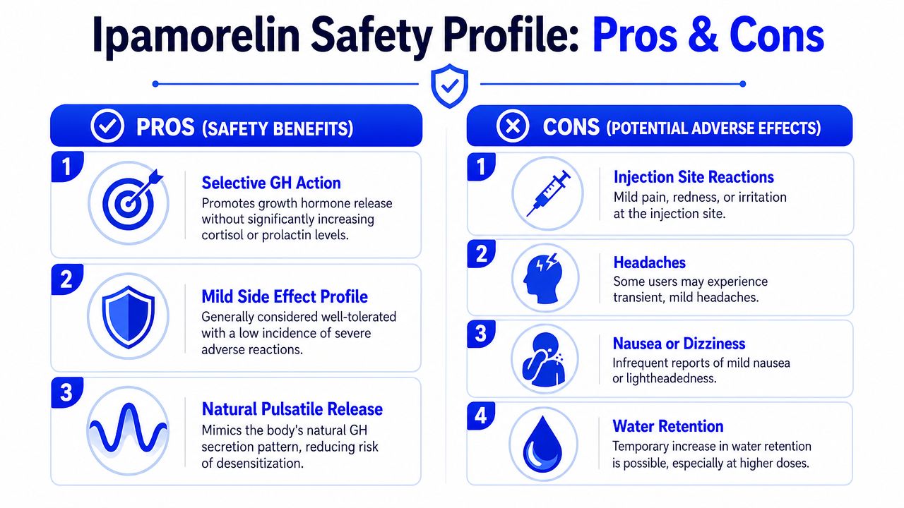A safety profile infographic for Ipamorelin detailing its pros, such as selective growth hormone action, and potential cons.