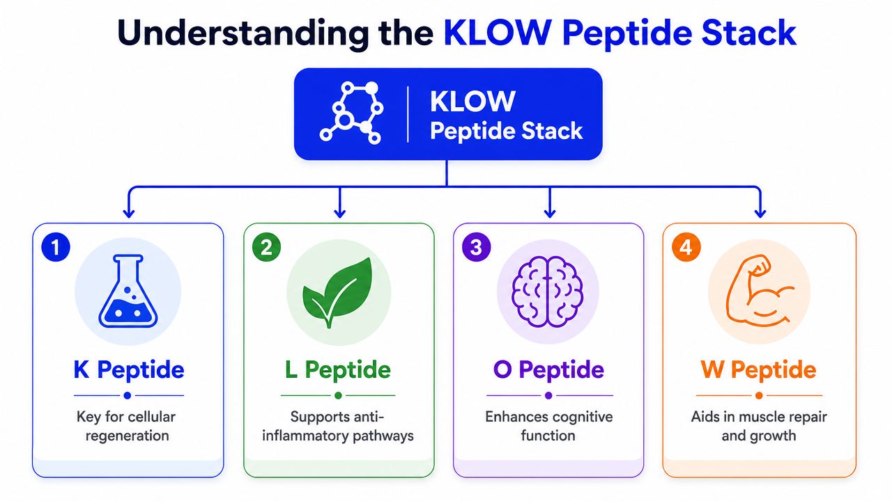 A diagram illustrating the four components of the KLOW Peptide Stack and their respective health benefits.