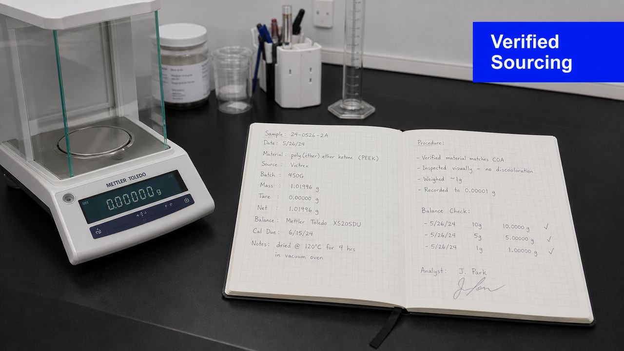 A lab notebook open on a desk next to a Mettler Toledo analytical balance scale