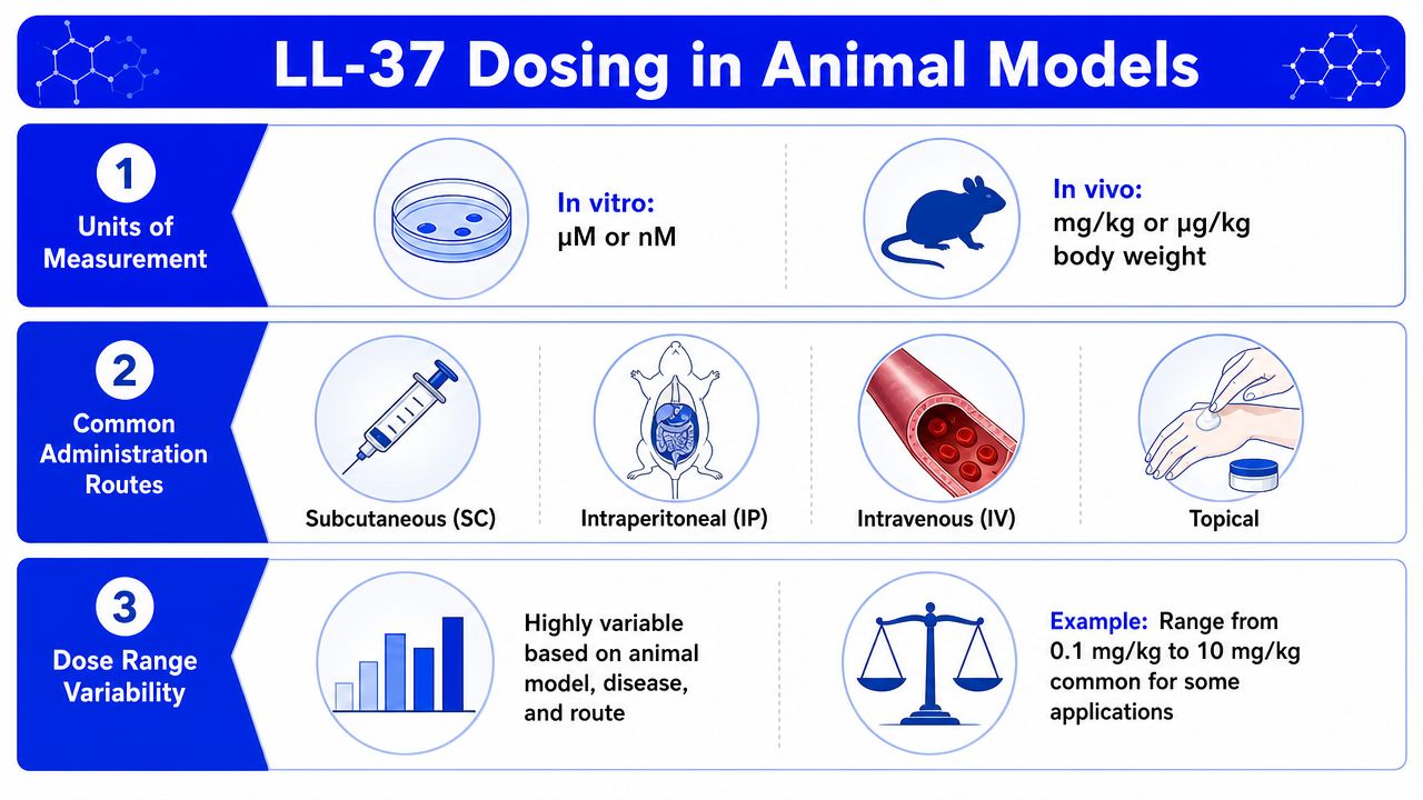 An infographic titled LL-37 Dosing in Animal Models illustrating measurement units, administration routes, and dose range variability.