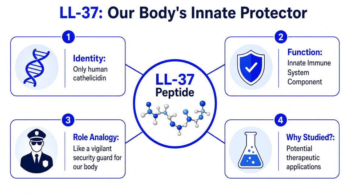 An infographic titled LL-37: Our Body's Innate Protector, explaining its identity, immune function, role, and therapeutic potential.