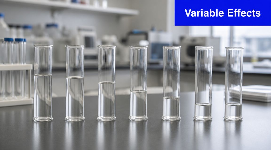 A row of seven clear glass test tubes containing decreasing amounts of liquid on a lab table.