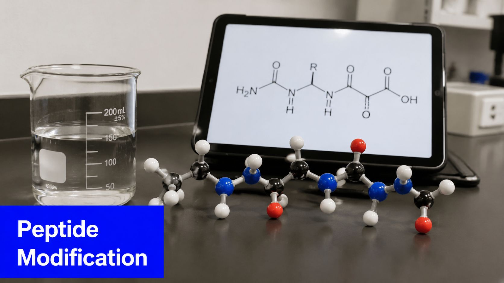 A chemical model of a peptide chain with a structural formula on a tablet in a laboratory.