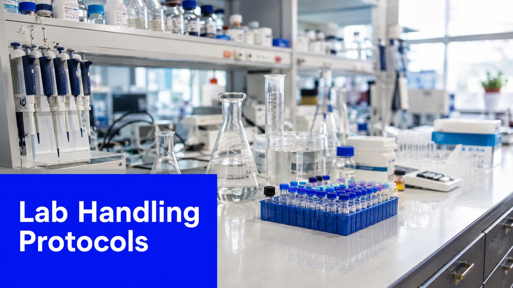 A professional scientific laboratory workspace featuring various pipettes, glass beakers, and multiple sample vials on a counter.