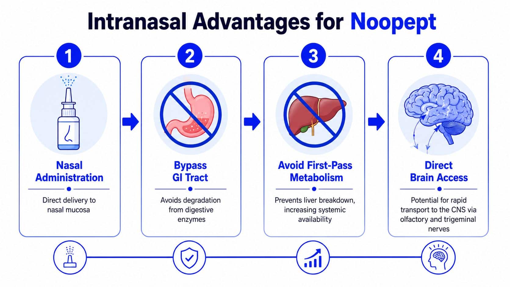 A diagram outlining the four primary advantages of using Noopept nasal spray for direct brain access.