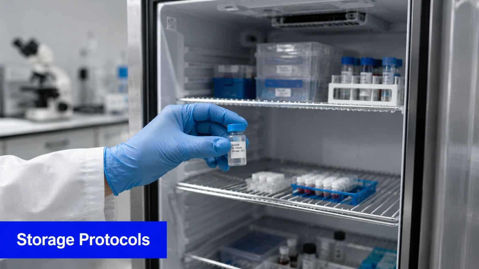 A laboratory technician wearing blue gloves holds a small labeled vial in front of a laboratory refrigerator.