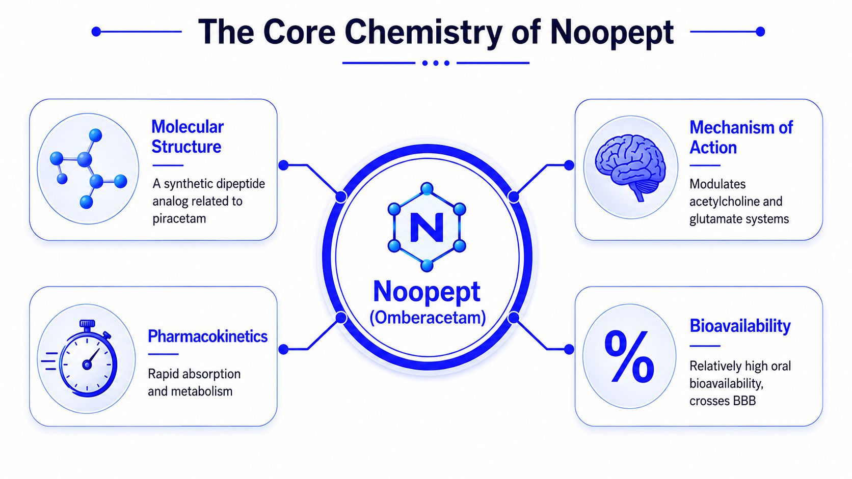 An infographic titled The Core Chemistry of Noopept describing its structure, mechanism, pharmacokinetics, and bioavailability.