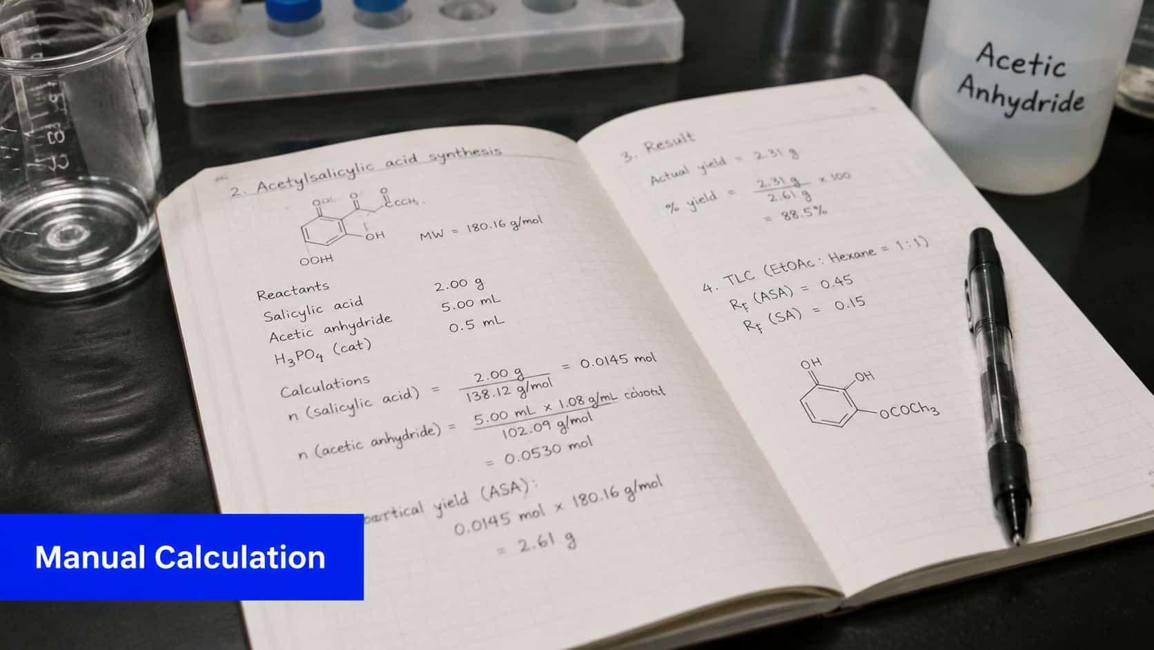 A laboratory notebook lying open on a dark table, displaying hand-written chemistry calculations for synthesizing acetylsalicylic acid.