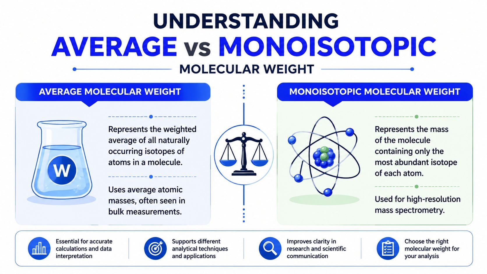 A comparison infographic explaining the differences between average and monoisotopic molecular weight in scientific research.