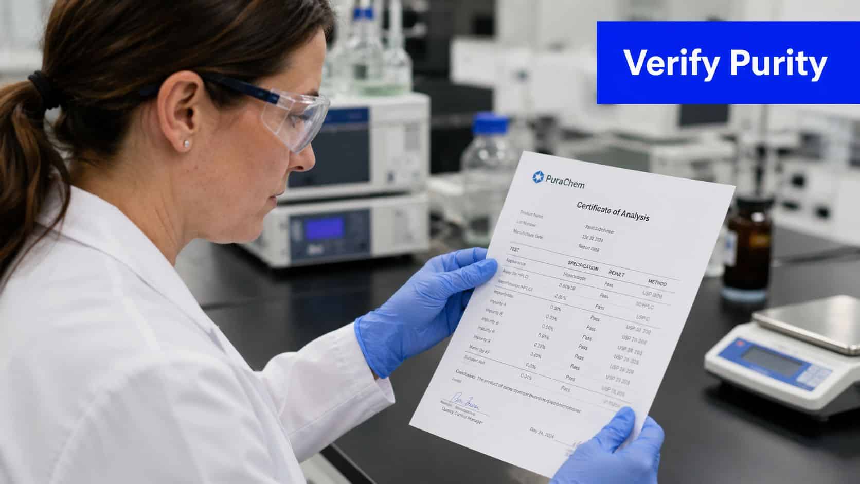 A female chemist wearing safety goggles and gloves holds a certificate of analysis in a laboratory setting.