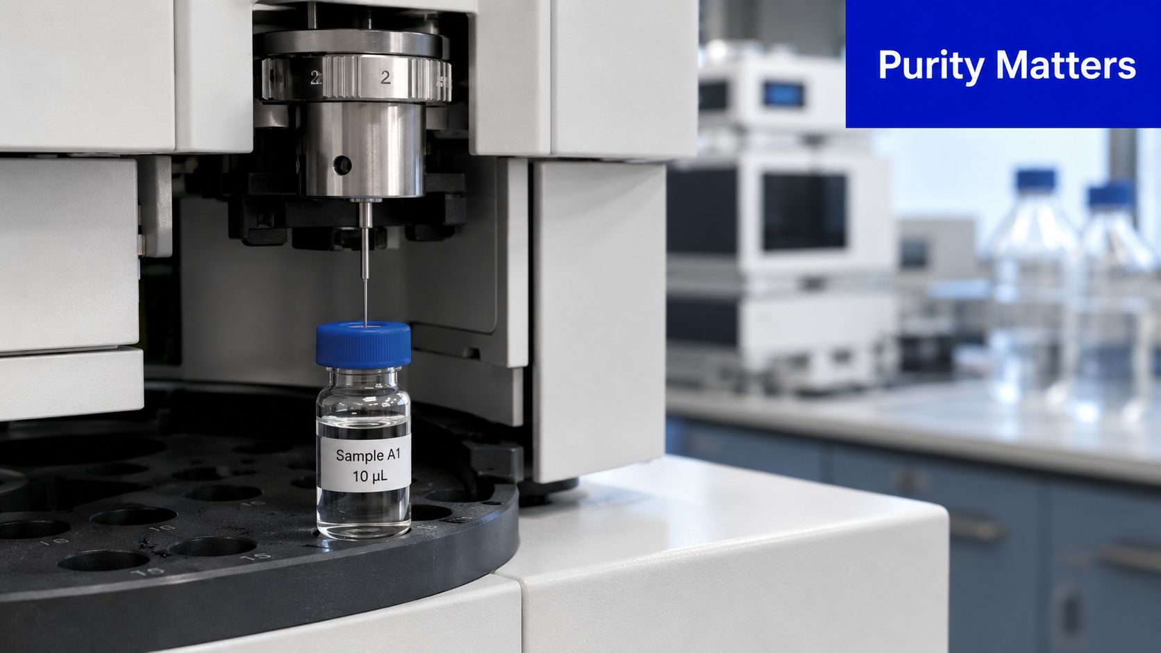 An automated laboratory liquid sampler machine inserting a needle into a vial labeled Sample A1.
