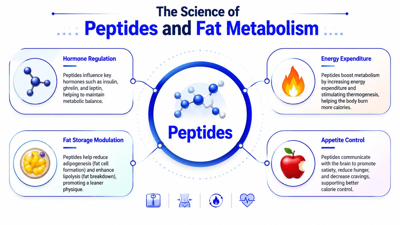 An educational infographic illustrating the scientific role of peptides in hormone regulation, energy expenditure, fat storage, and appetite.