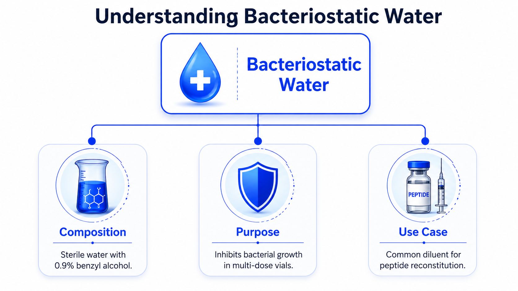 A diagram explaining bacteriostatic water, its chemical composition with benzyl alcohol, its purpose, and its use as a peptide diluent.