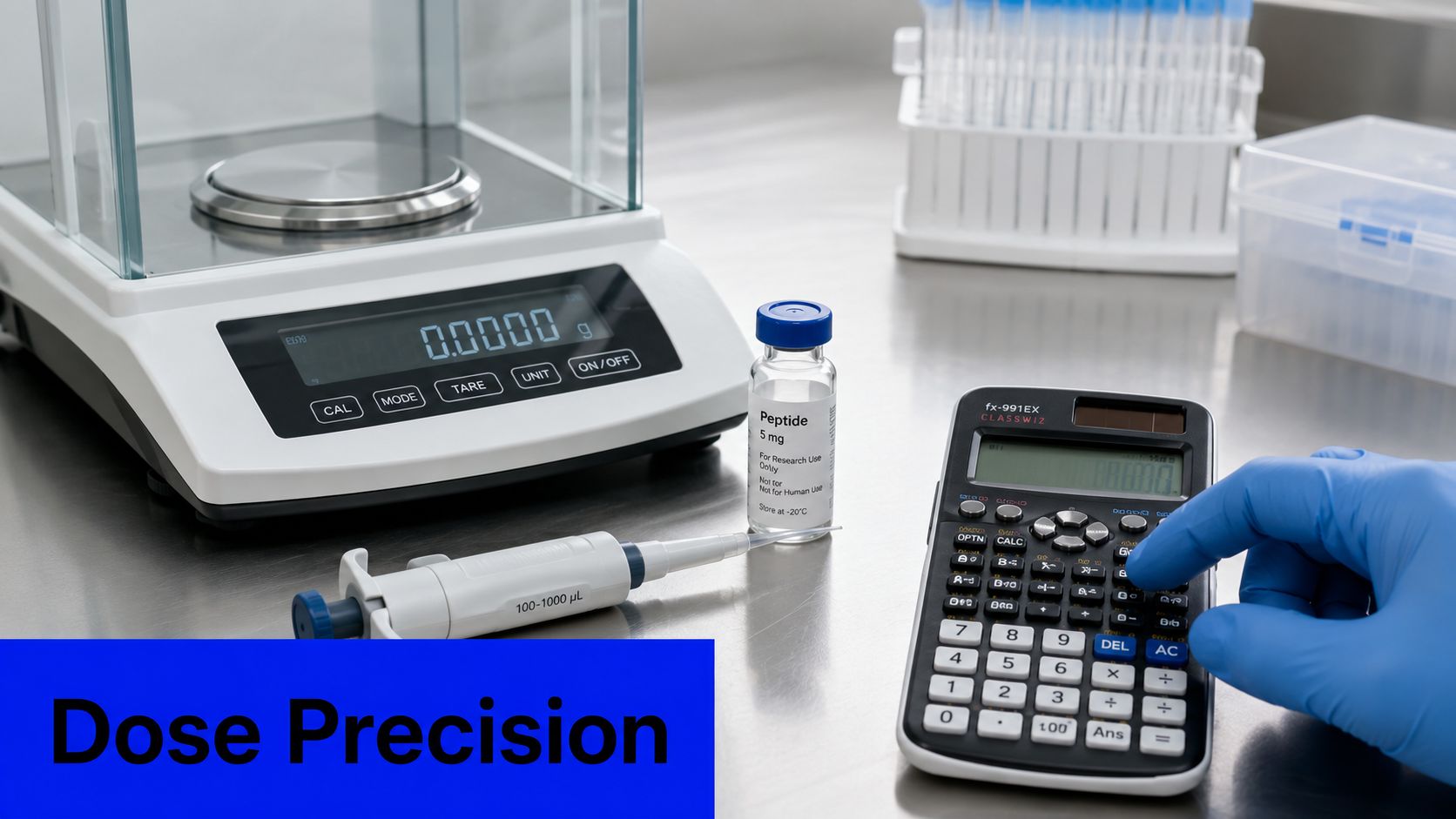 A lab setup with an analytical balance, a peptide vial, a pipette, and a person calculating dosages.
