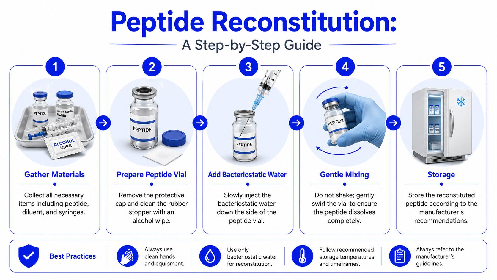 A step-by-step infographic on how to safely reconstitute peptides using bacteriostatic water and sterile equipment.