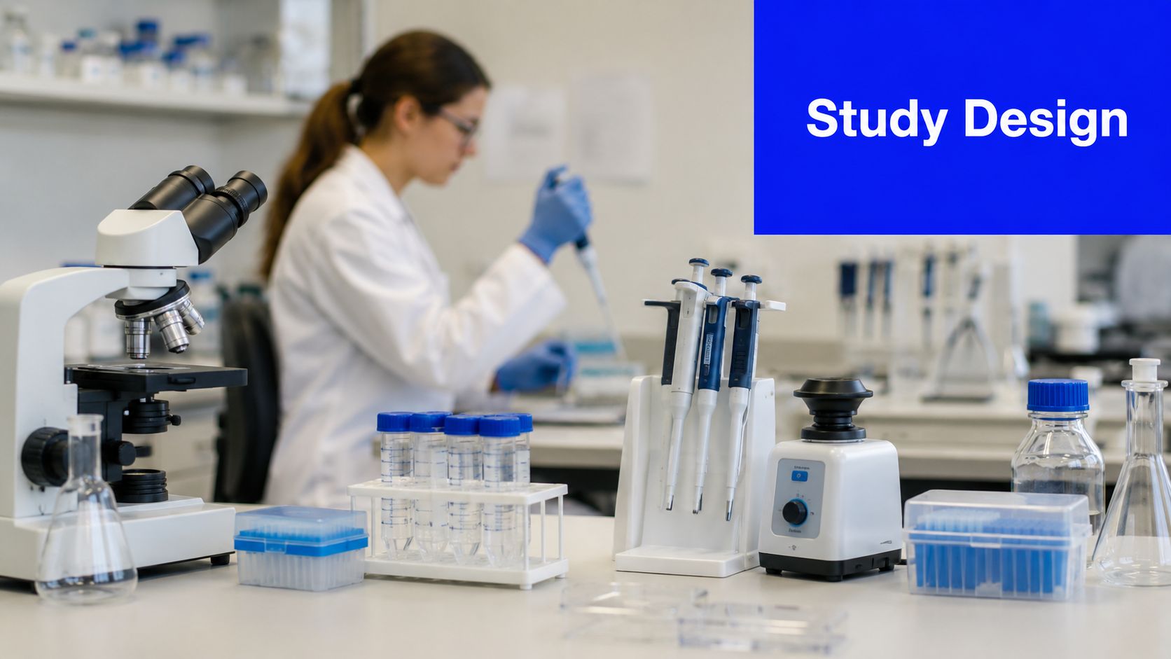 A scientist working in a modern laboratory setting with various research equipment and experimental tools on tables.