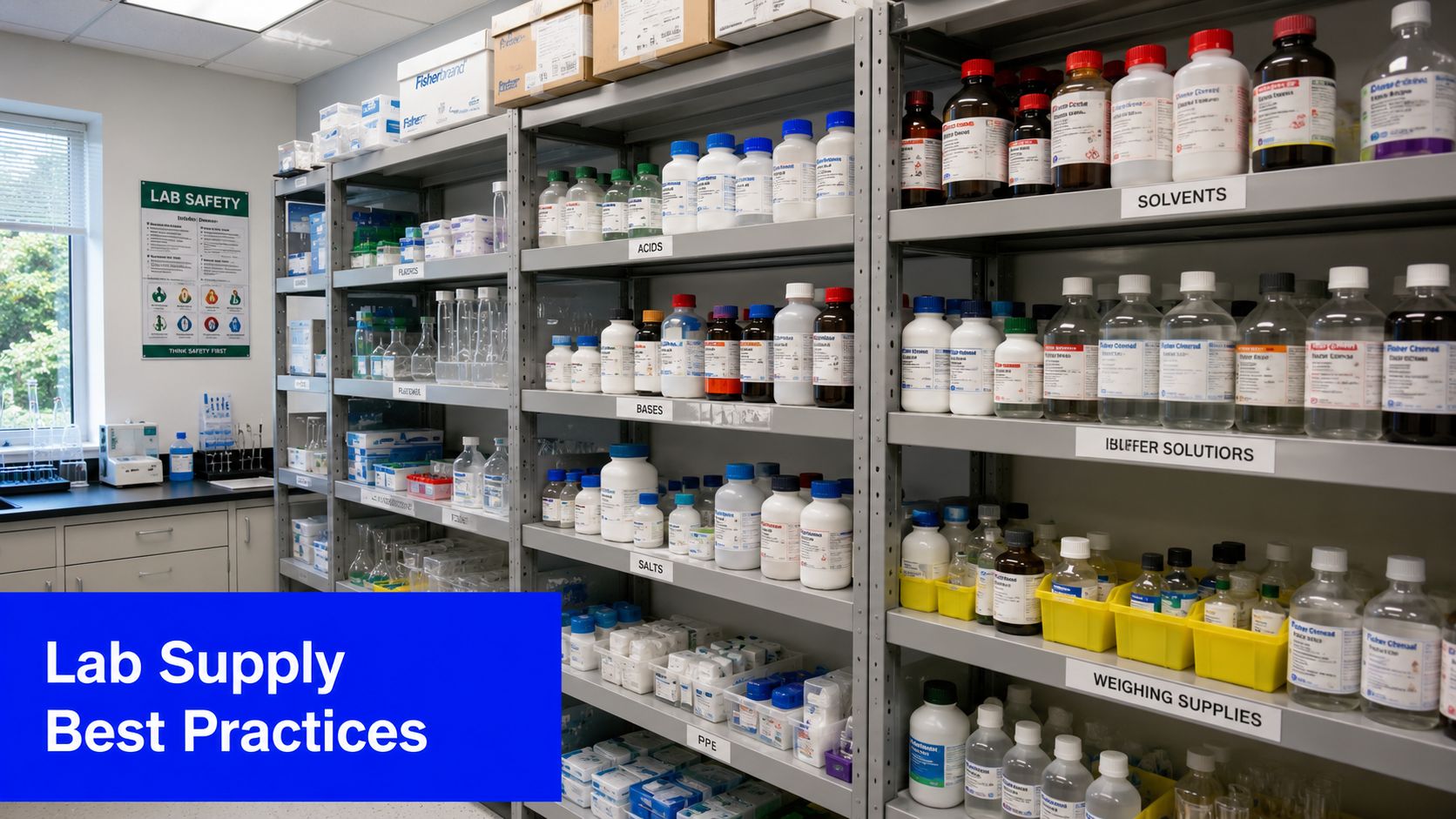 A well-organized laboratory shelf system filled with various labeled chemical reagents, safety equipment, and glassware supplies.