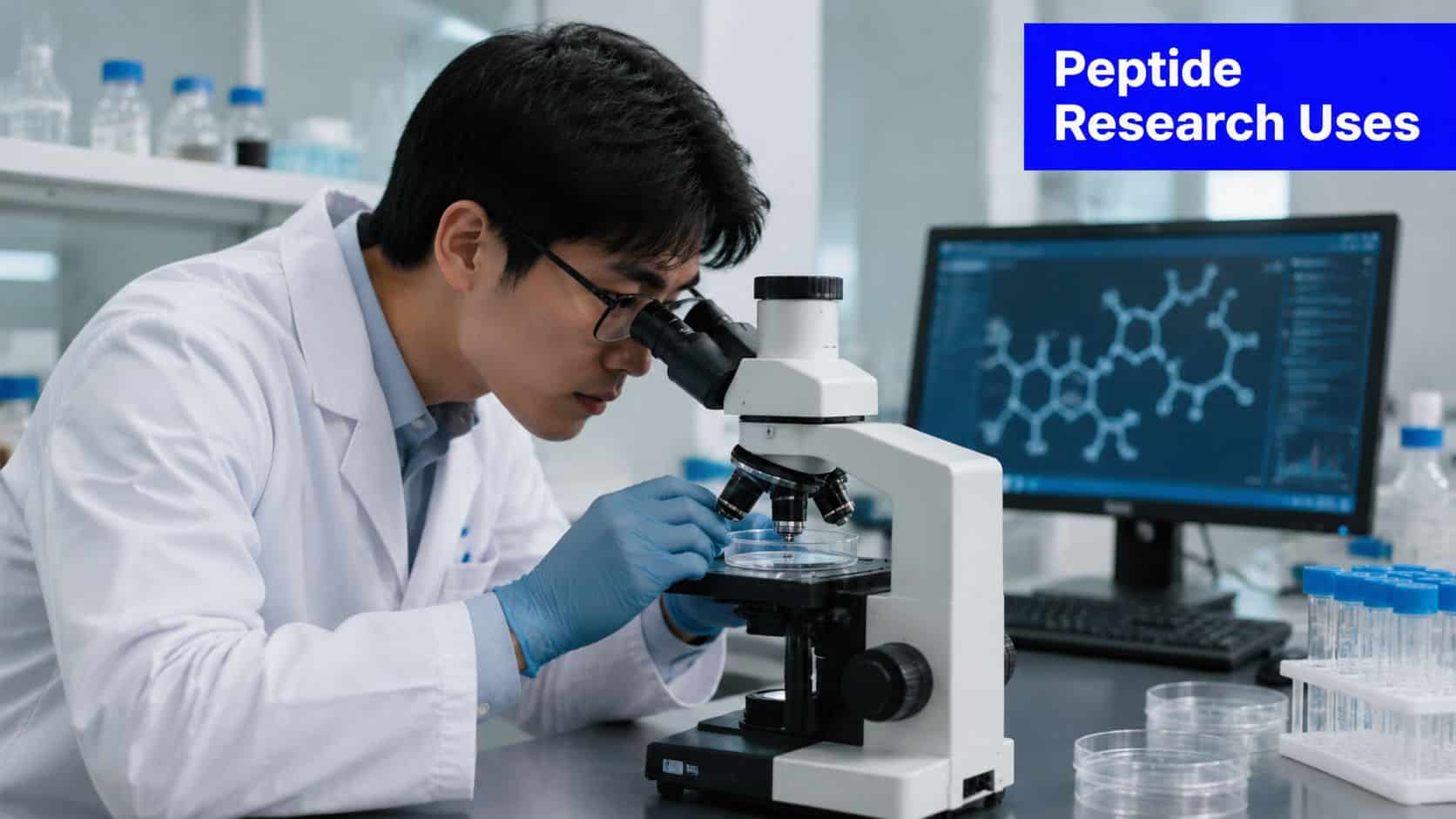 A male researcher in a lab coat examining a sample under a microscope in a laboratory setting.
