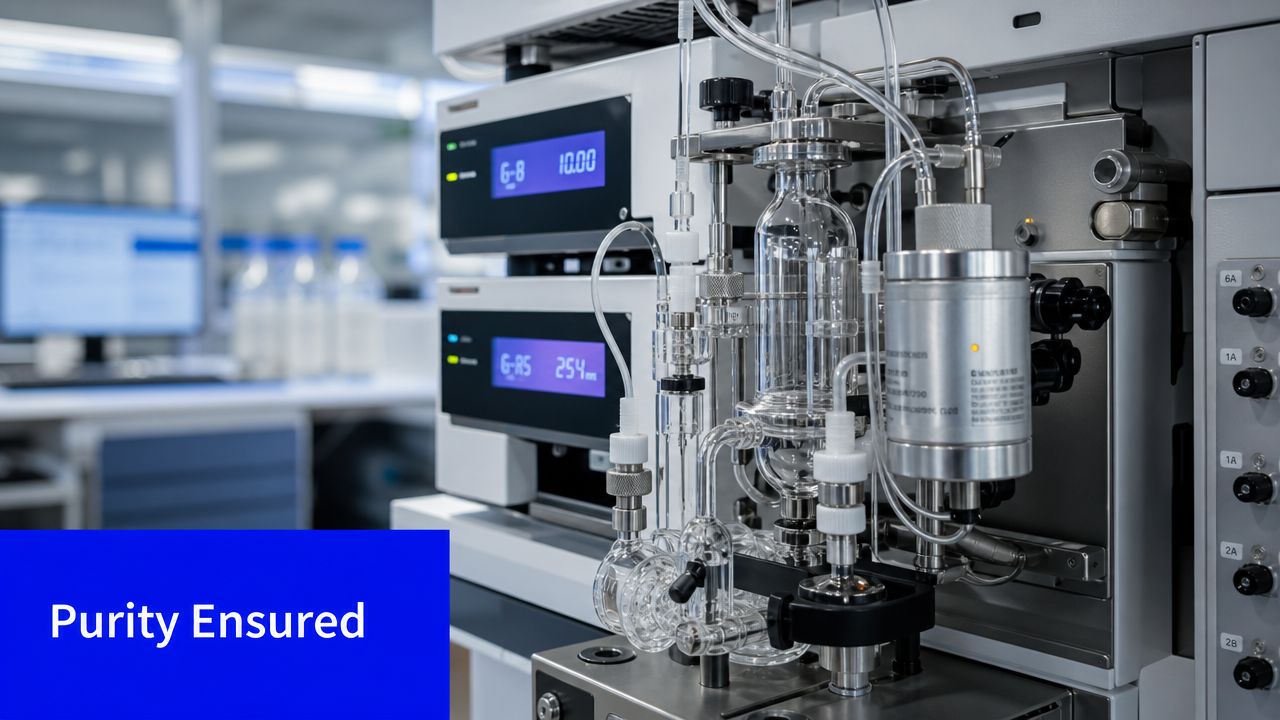 A high-tech laboratory instrument for chemical analysis, featuring glass components and digital displays for quality control.