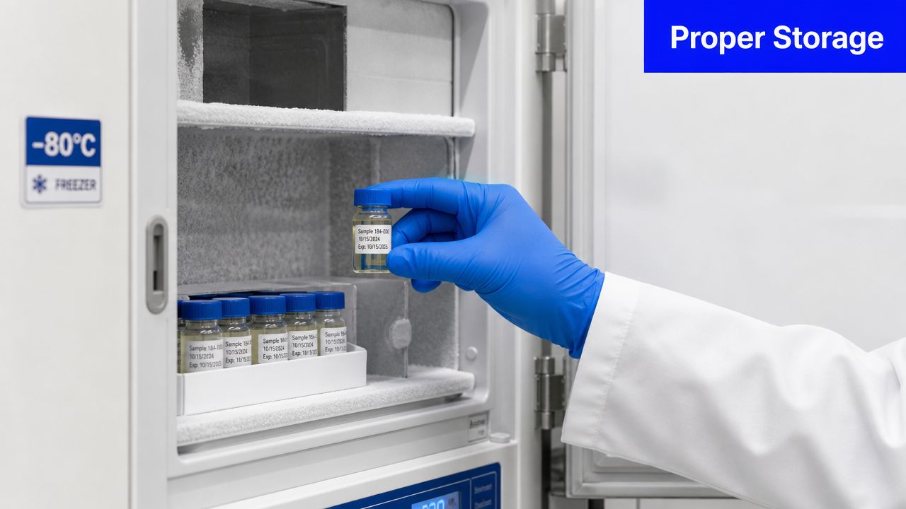 A gloved hand places a labeled sample vial into an ultra-low temperature laboratory freezer for proper storage.