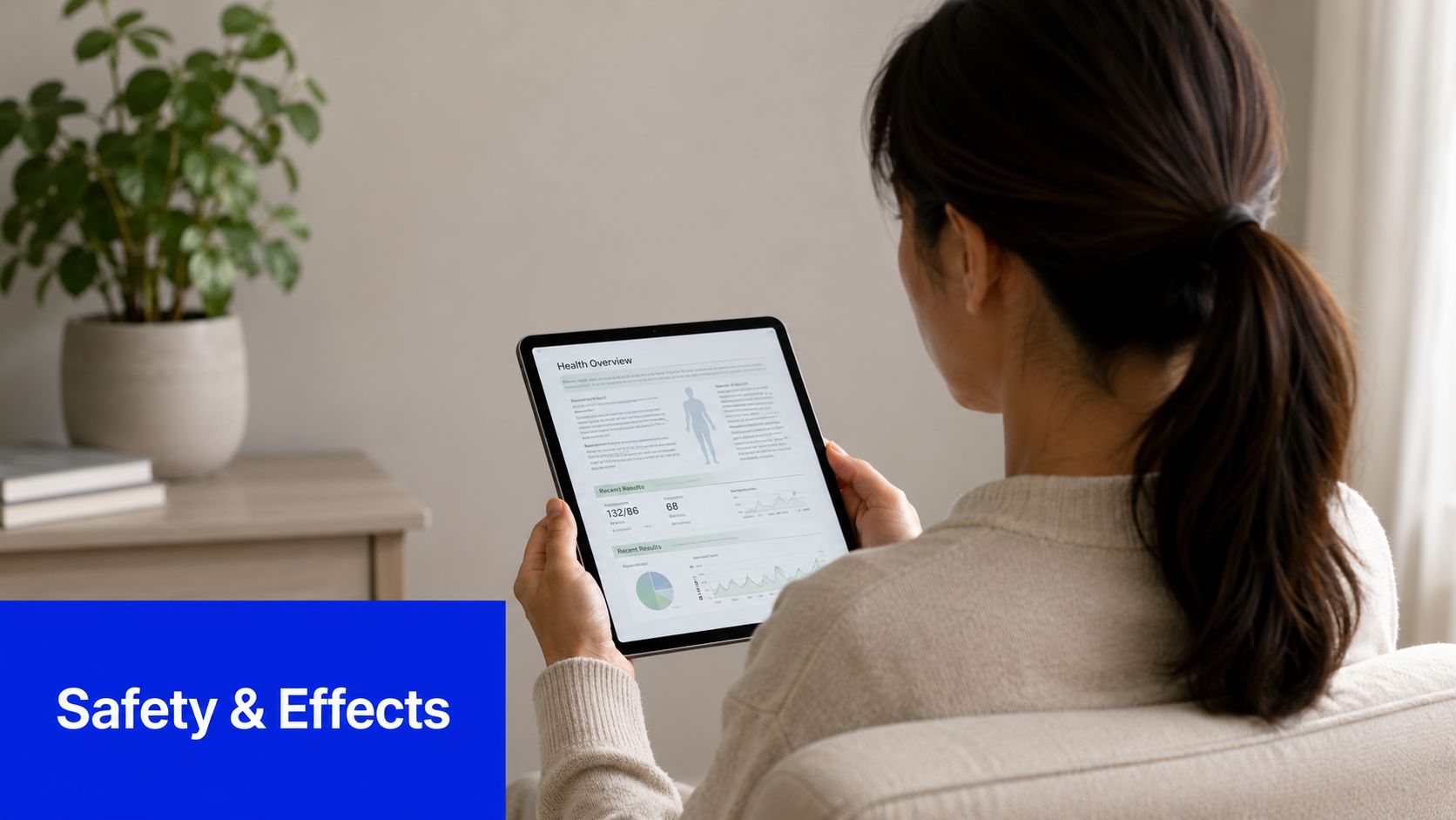 A woman reviewing her personal health data charts and medical overview on a digital tablet at home.