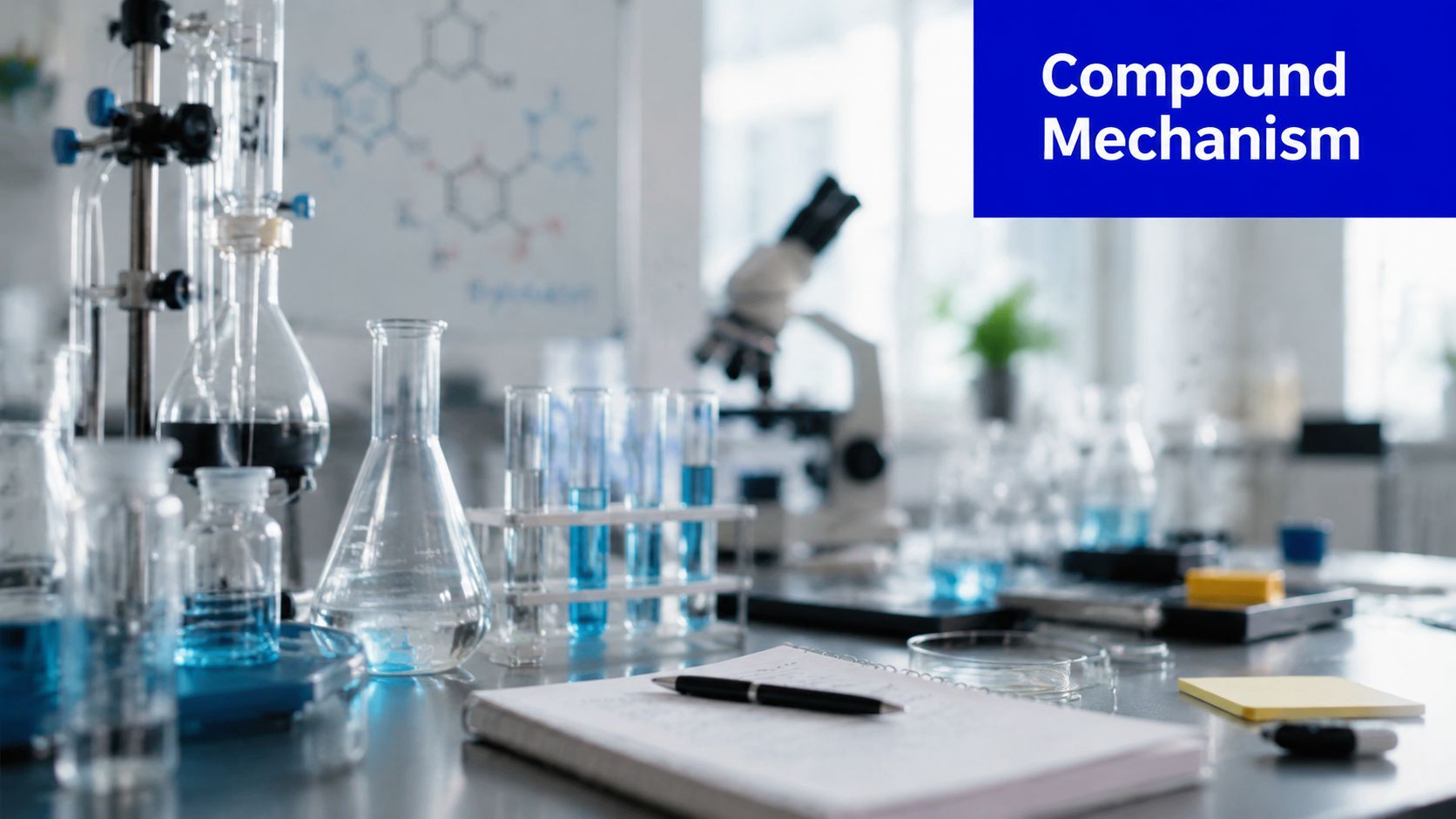 A professional science laboratory setup with chemical glassware, blue liquids in test tubes, a microscope, and notes.