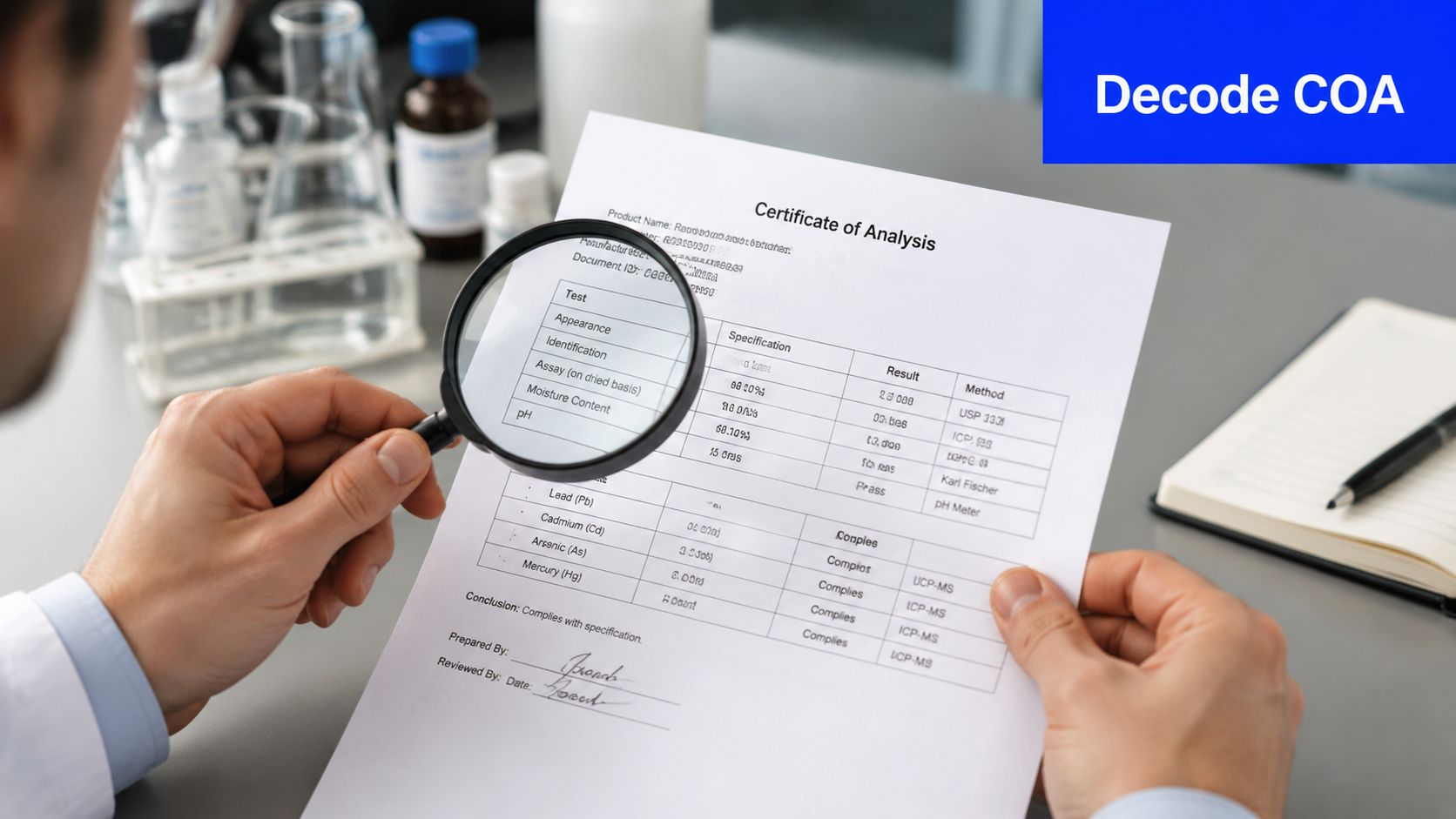 A scientist inspecting a Certificate of Analysis document with a magnifying glass in a laboratory setting.