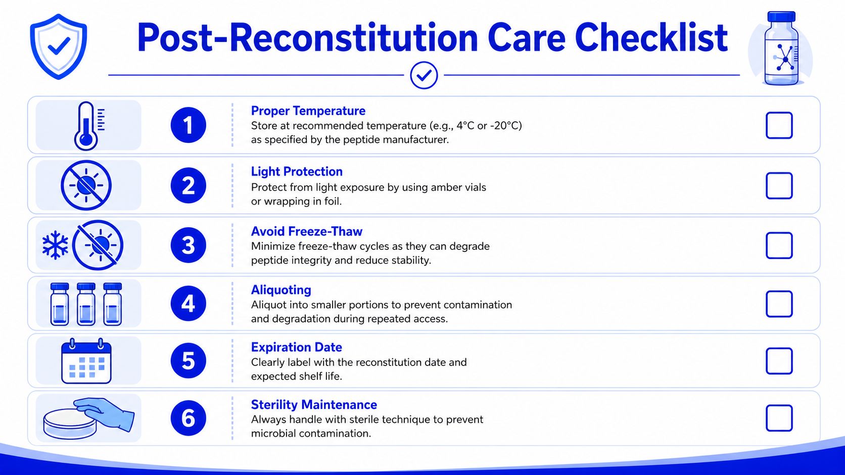 A checklist infographic outlining essential care steps for maintaining the quality and safety of reconstituted peptide solutions.