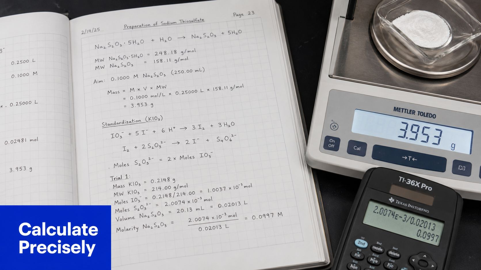 A lab notebook showing chemical calculations for sodium thiosulfate preparation next to a scale displaying 3.953 grams.