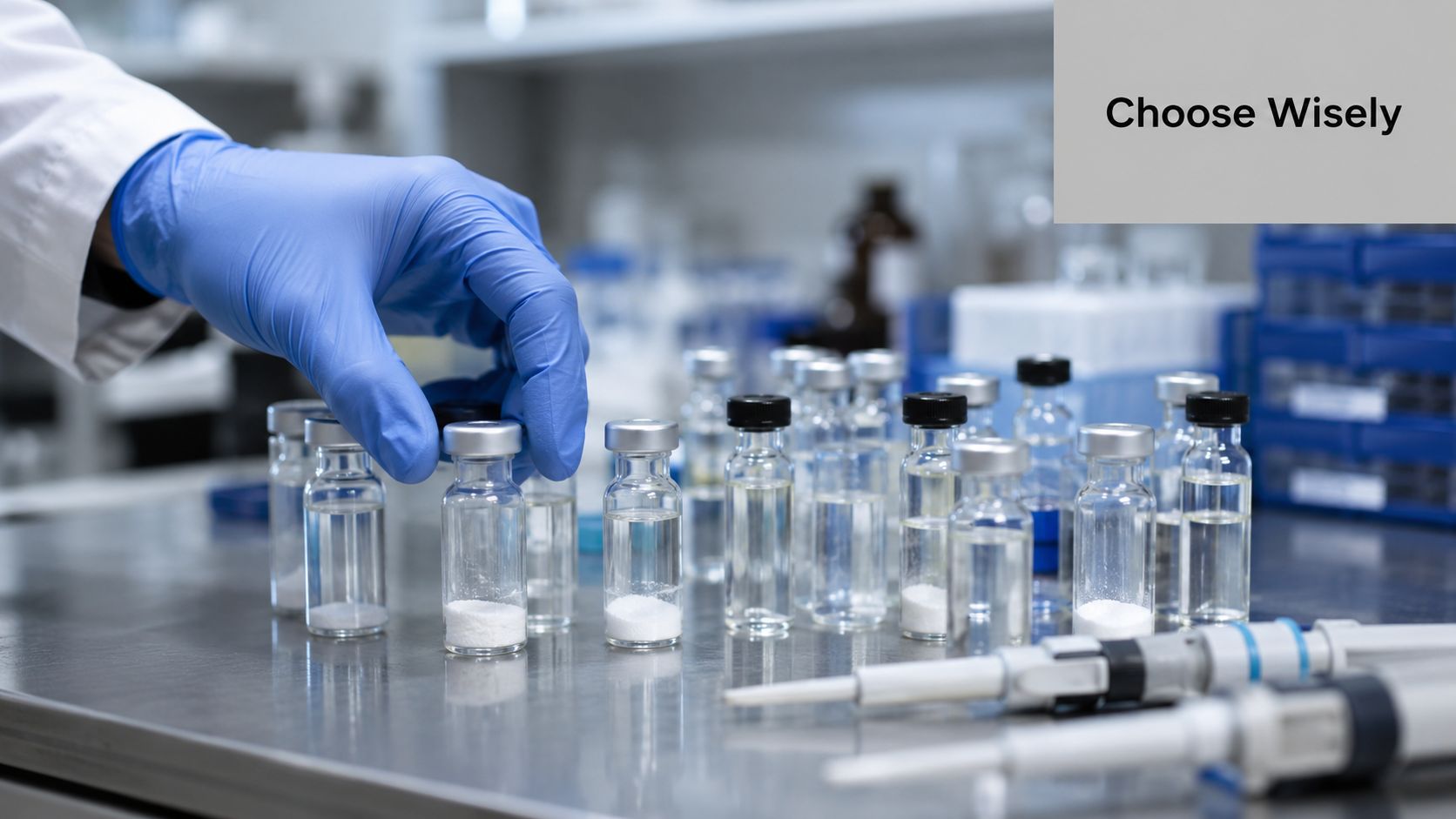 A gloved hand reaches for a glass vial containing white powder in a sterile laboratory setting.