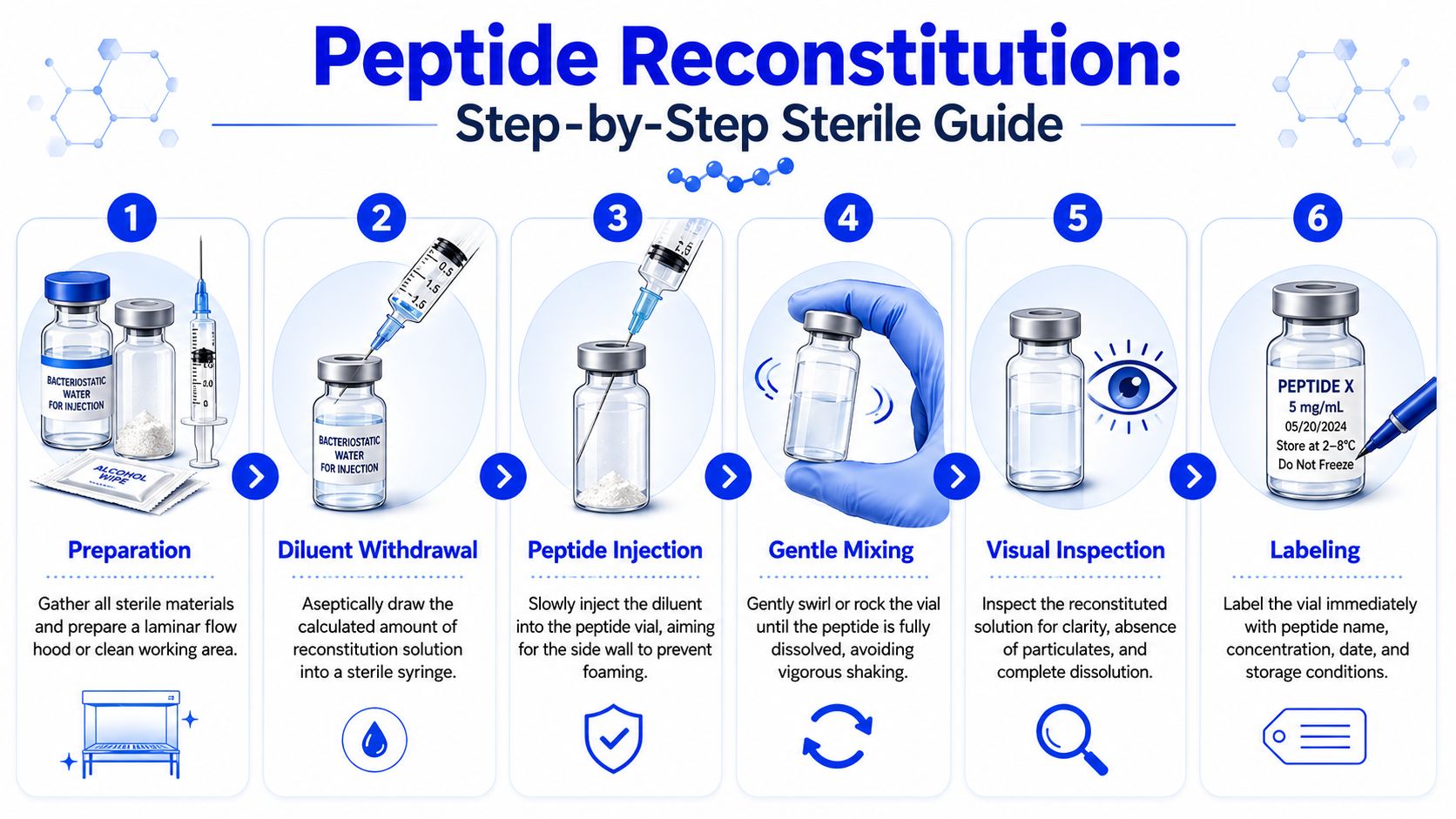 A six-step infographic demonstrating the sterile process for peptide reconstitution using bacteriostatic water and vials.