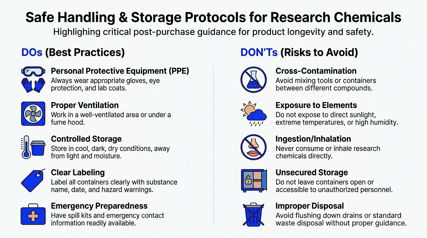 A safety infographic detailing best practices for the handling and storage of research chemicals in laboratories.
