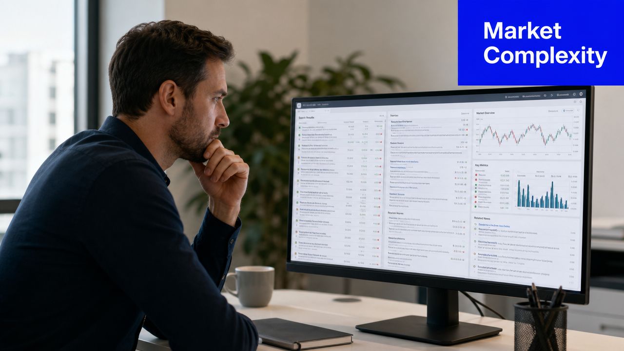 A professional man deeply focused on a computer screen displaying complex financial market data and graphs.