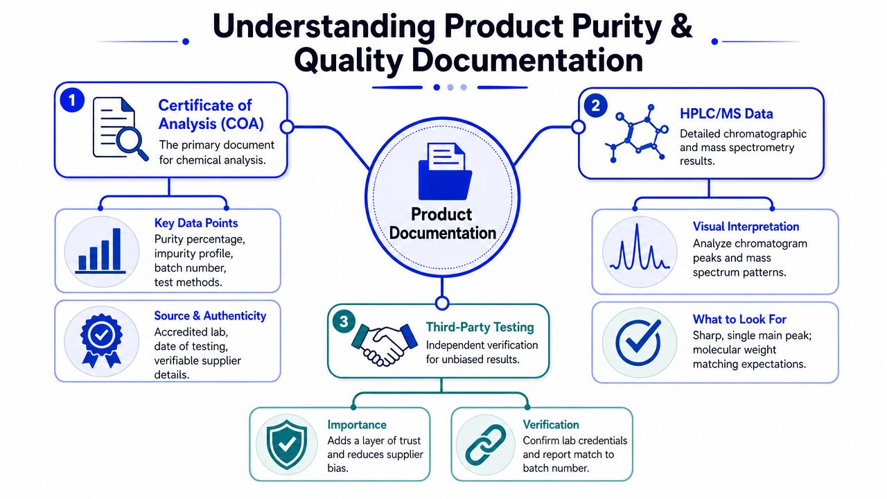 An infographic explaining the essential components of product purity documentation, including COA, HPLC-MS data, and third-party testing.