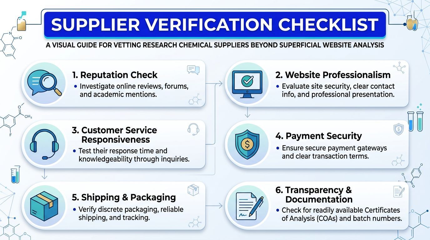 A visual guide outlining six essential steps for verifying and vetting research chemical suppliers for safety.