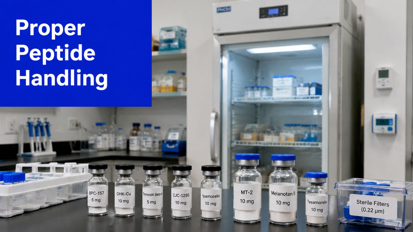 A laboratory counter featuring various research peptide vials and sterile filters for scientific experiment preparation.