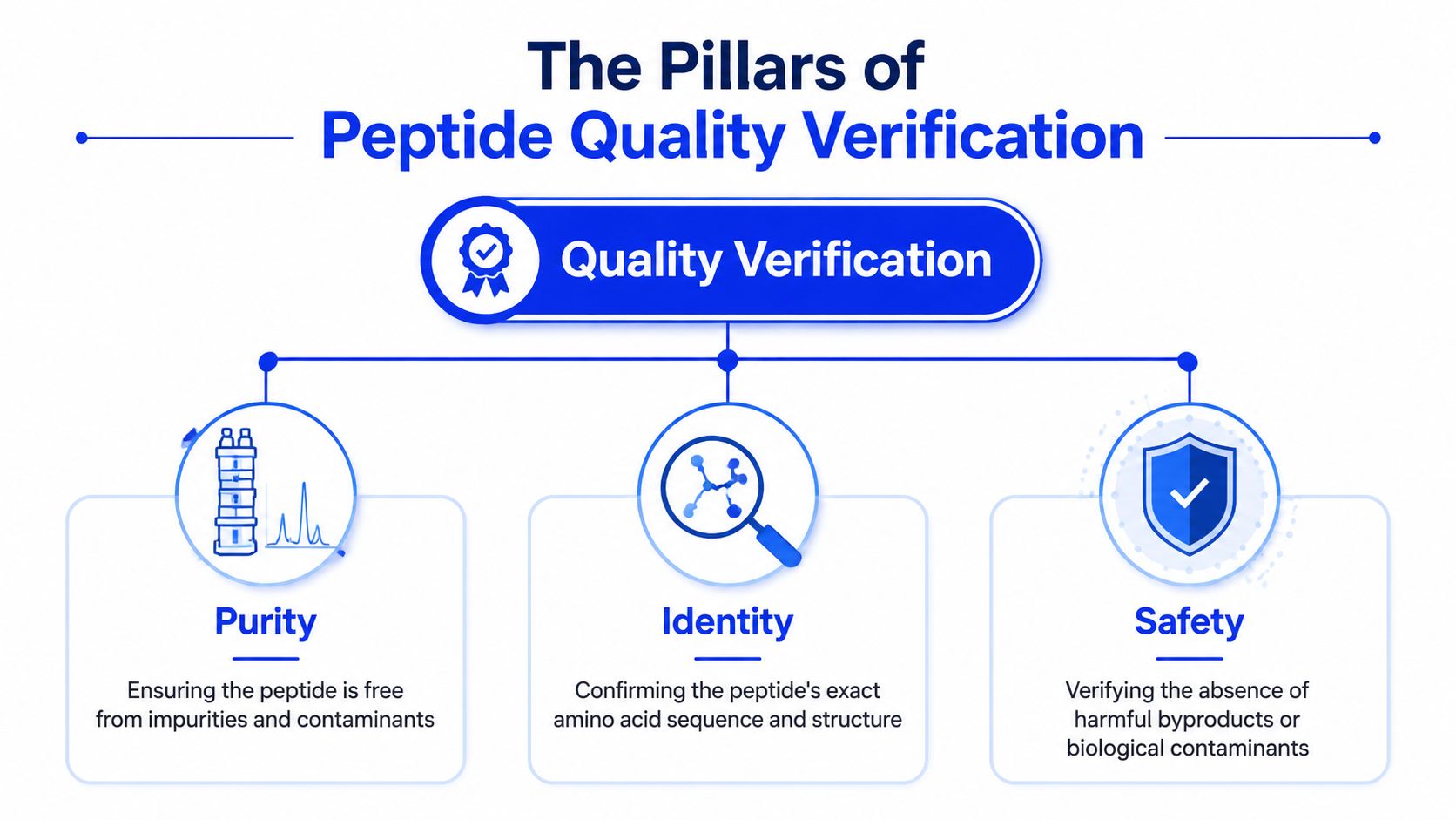 A diagram illustrating the three pillars of peptide quality verification: purity, identity, and safety.
