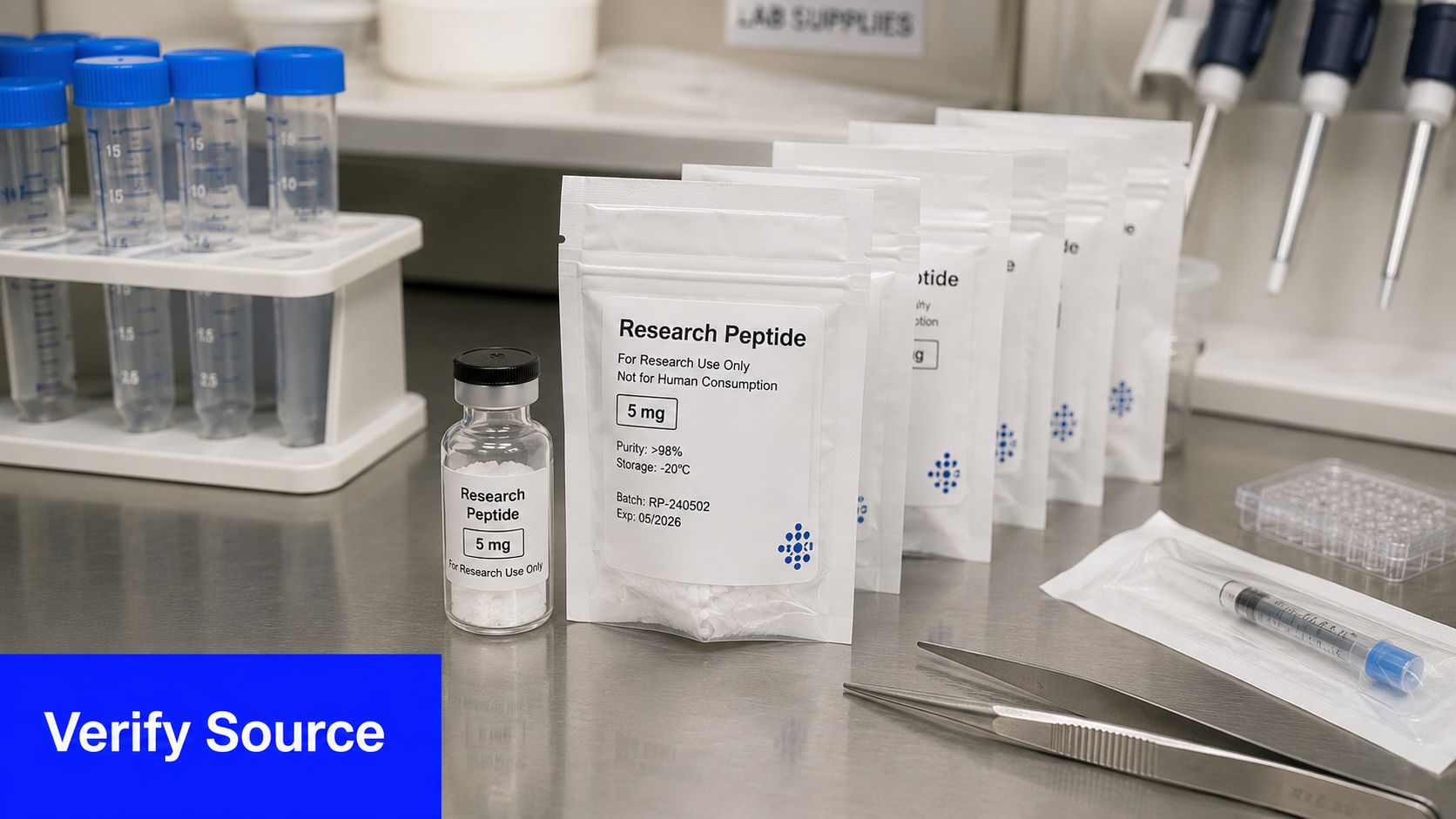Several sealed pouches and a glass vial labeled as research peptides sitting on a laboratory workbench.