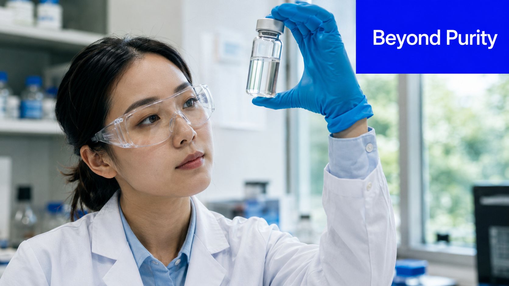 A female scientist in a lab coat and safety goggles examining a glass vial of liquid.
