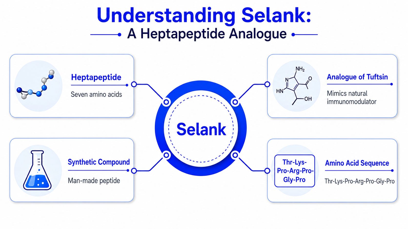 An infographic titled Understanding Selank explaining its structure, synthetic nature, relationship to tuftsin, and amino acid sequence.