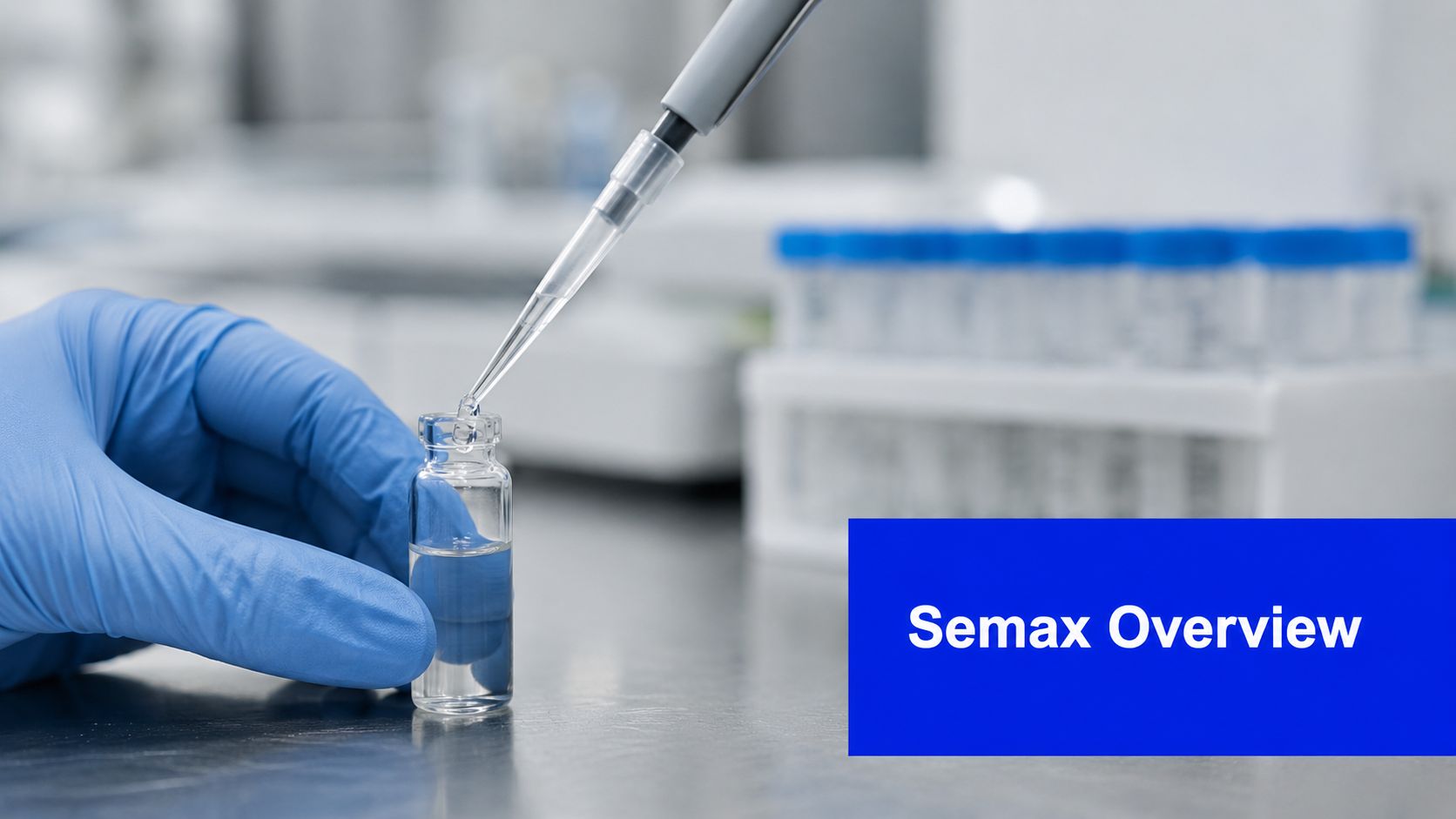 A lab technician in blue nitrile gloves uses a pipette to fill a glass vial with liquid.