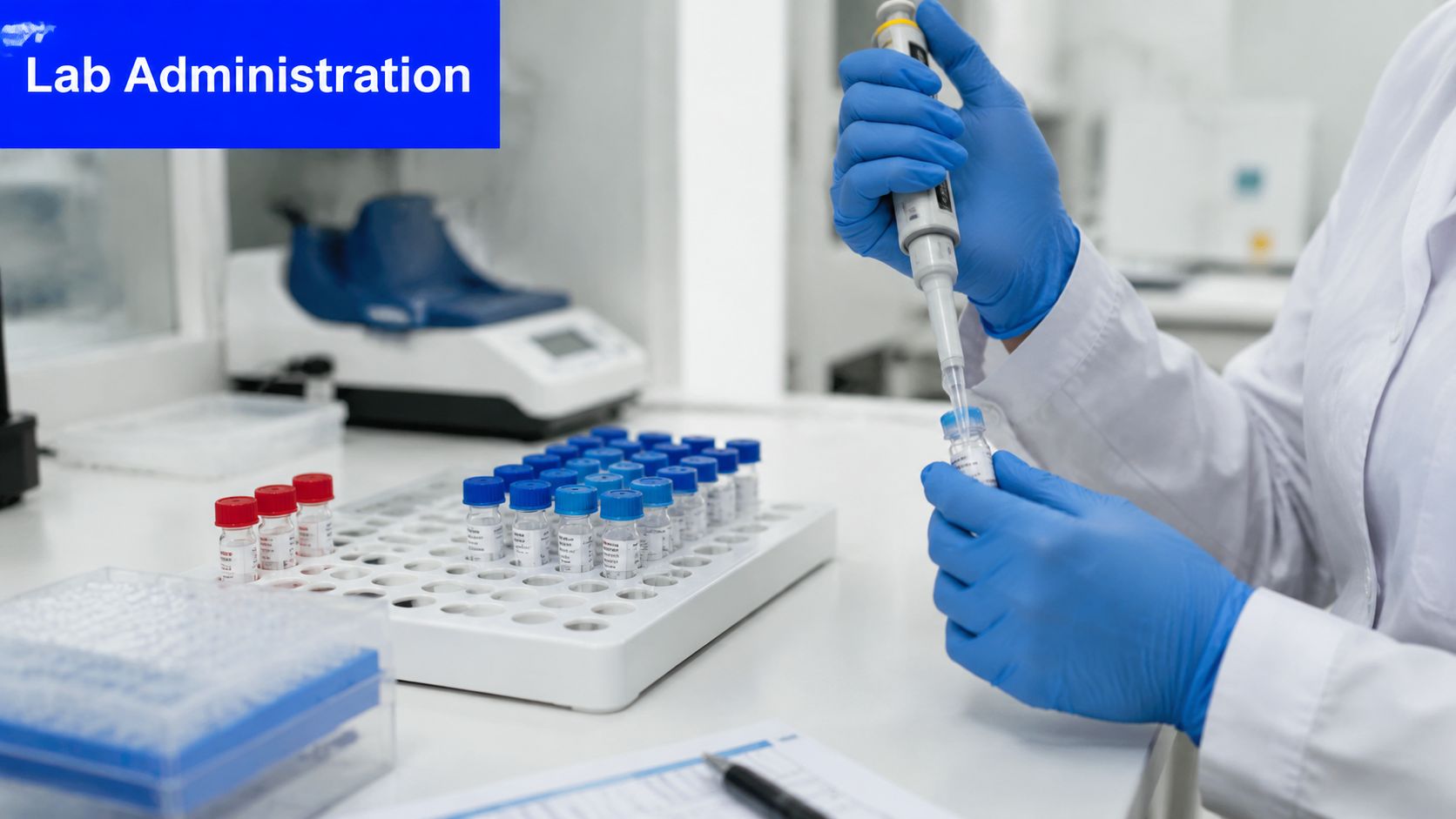 A scientist in a laboratory wearing blue gloves using a pipette to transfer liquid into a vial.